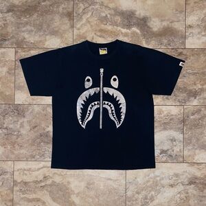 Vintage A Bathing Ape BAPE Shark Zip T-Shirt Black Holographic Print Large